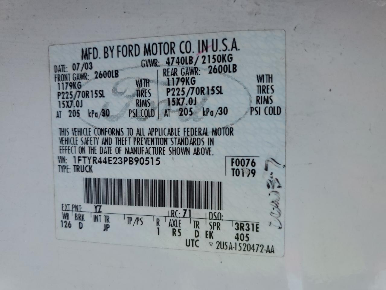 FORD RANGER 2003 VIN 1FTYR44E23PB90515 фото 12