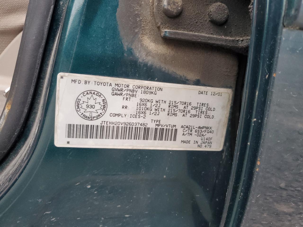 2002 Toyota Rav4 VIN: JTEHH20V926037482 Lot: 62696255