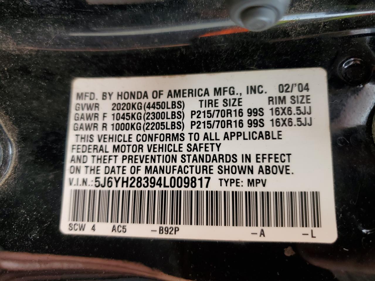 2004 Honda Element Lx VIN: 5J6YH28394L009817 Lot: 62341675