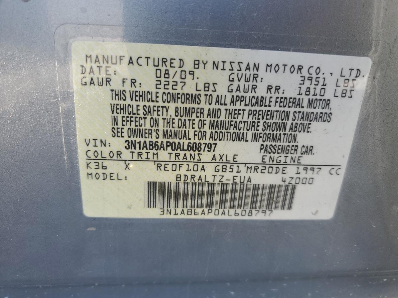 2010 Nissan Sentra 2.0 VIN: 3N1AB6AP0AL608797 Lot: 60544025