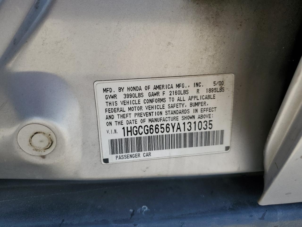 2000 Honda Accord Lx VIN: 1HGCG6656YA131035 Lot: 62531435