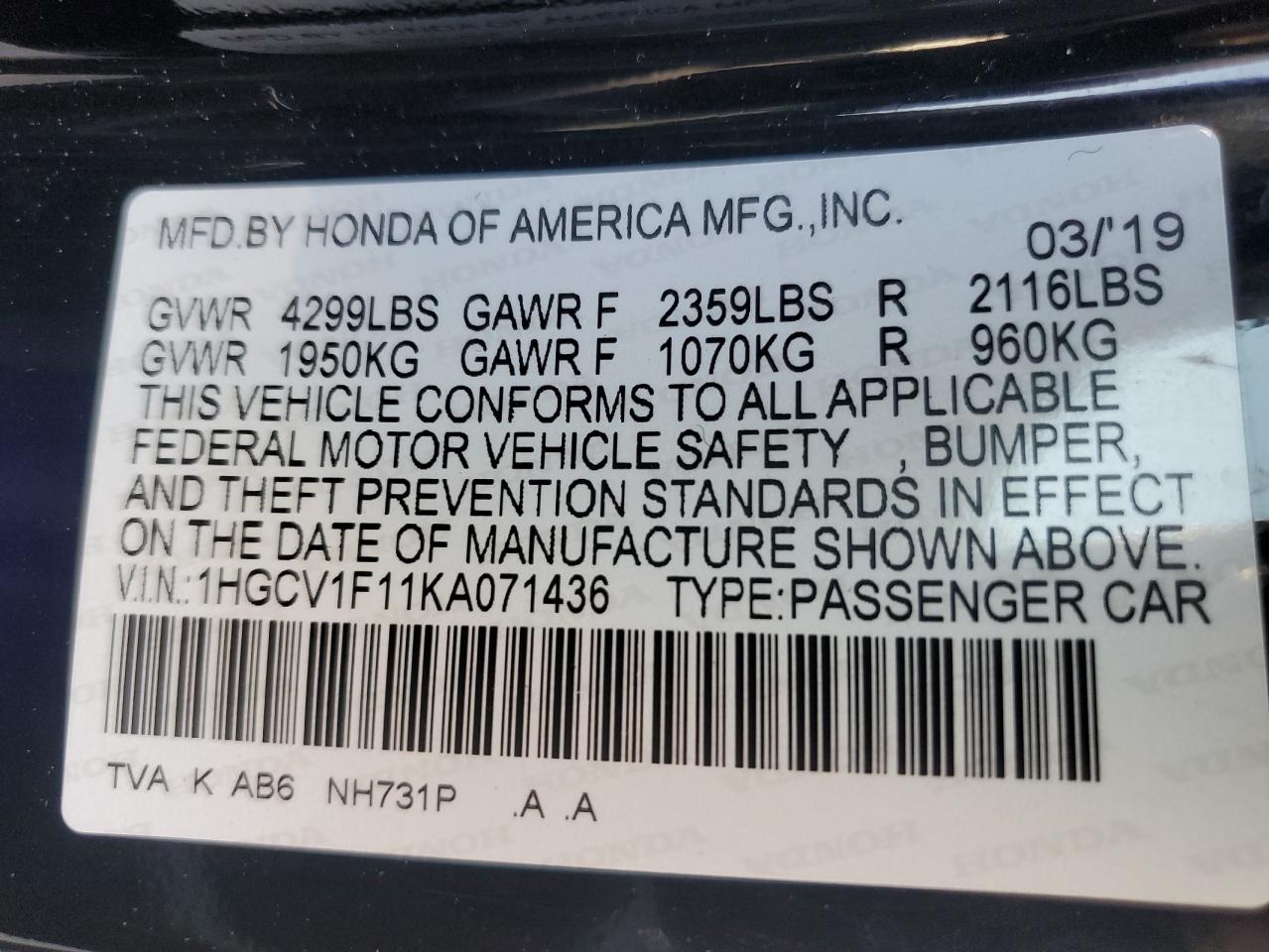 HONDA ACCORD 2019 VIN 1HGCV1F11KA071436 zdjęcie 13