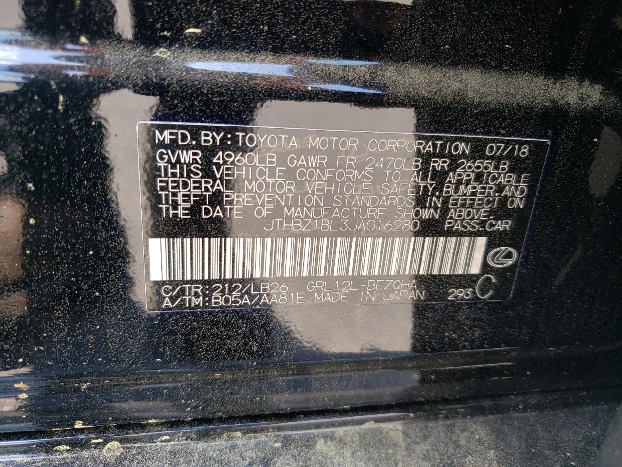 2018 Lexus Gs 350 Base VIN: JTHBZ1BL3JA016280 Lot: 63005365
