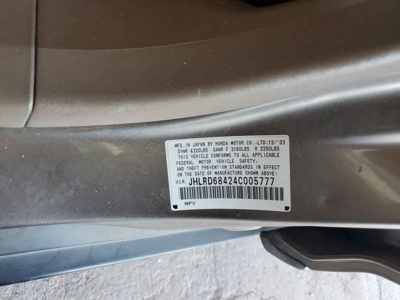 2004 Honda Cr-V Lx VIN: JHLRD68424C005777 Lot: 62872775