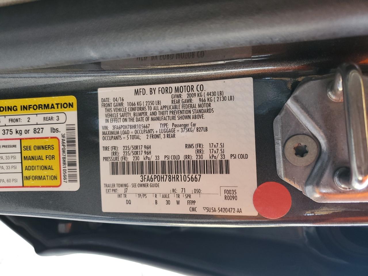 3FA6P0H78HR105667 FORD FUSION 2017