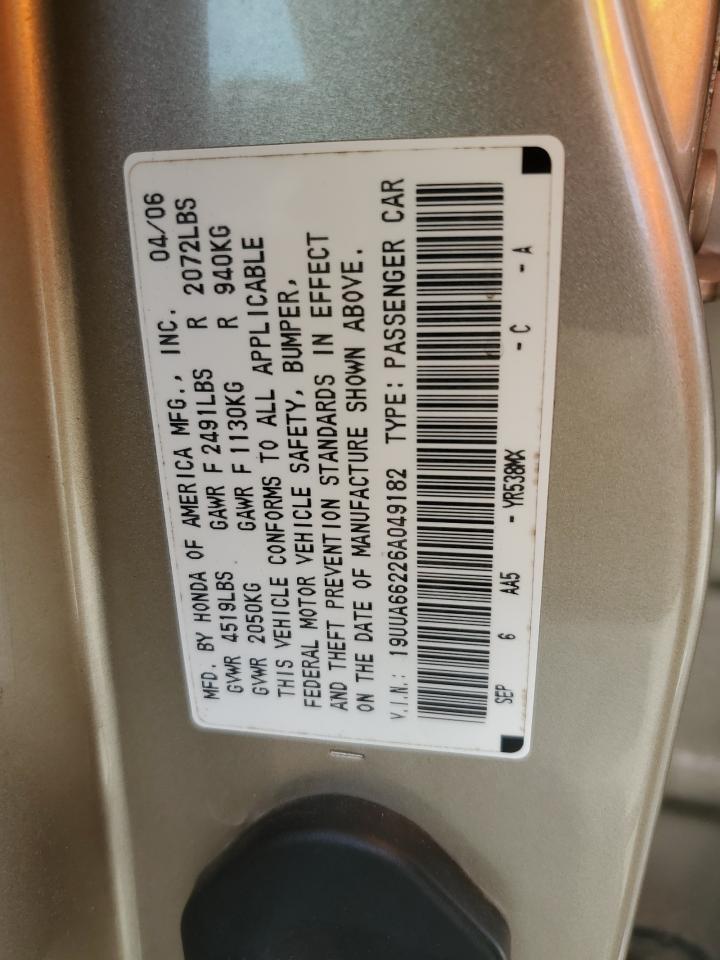 2006 Acura 3.2Tl VIN: 19UUA66226A049182 Lot: 61034365