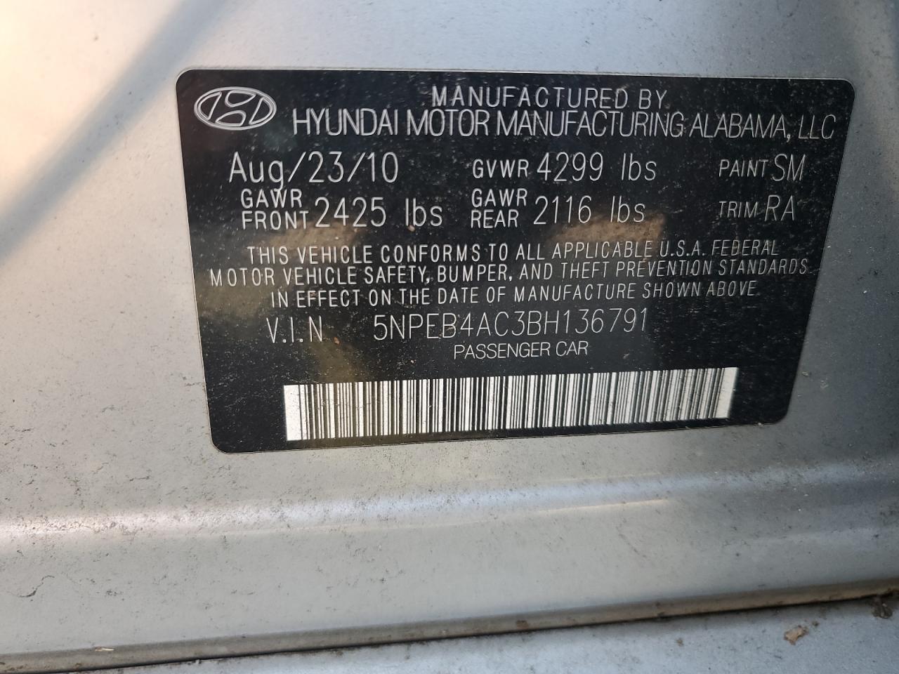 HYUNDAI SONATA 2011 VIN 5NPEB4AC3BH136791 фото 12