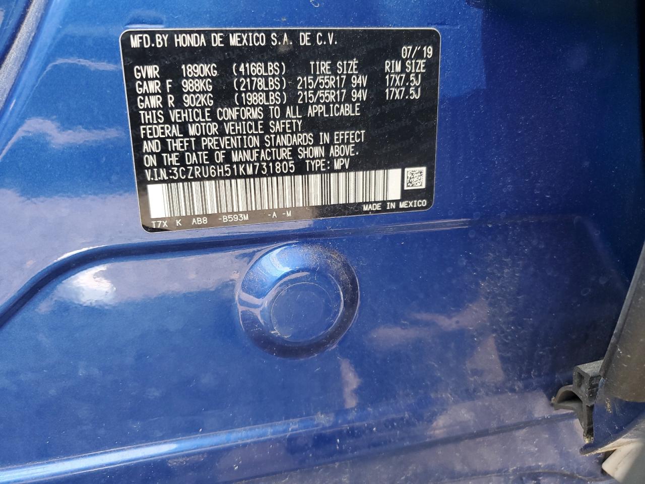 3CZRU6H51KM731805 HONDA HR-V 2019