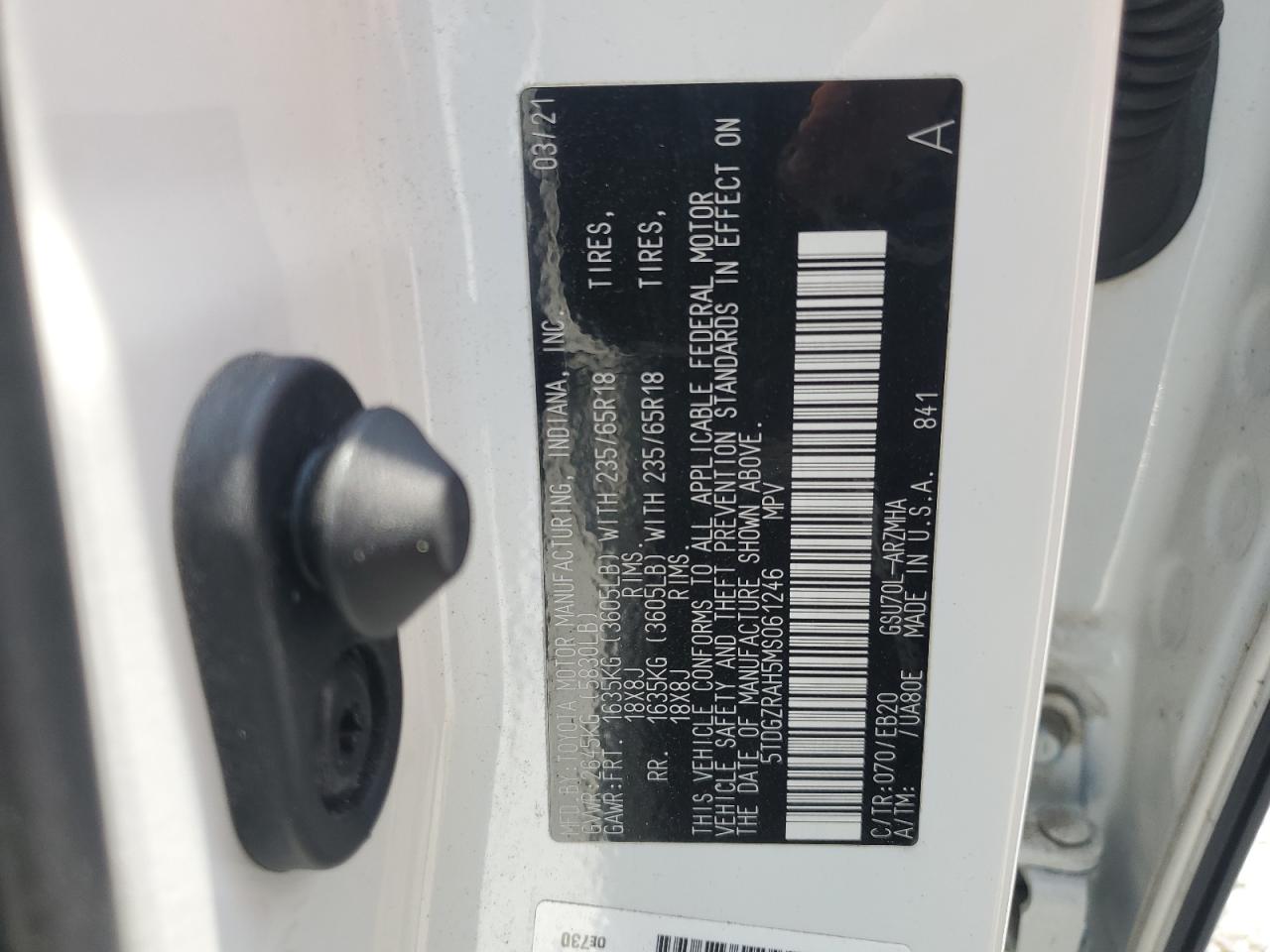 2021 Toyota Highlander Xle VIN: 5TDGZRAH5MS061246 Lot: 62236215