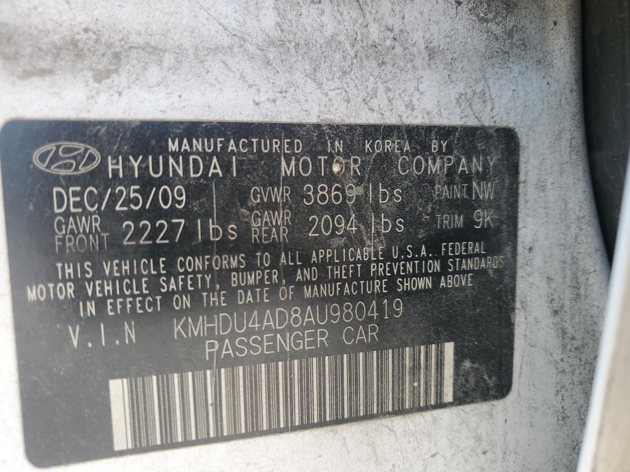2010 Hyundai Elantra Blue VIN: KMHDU4AD8AU980419 Lot: 59563405