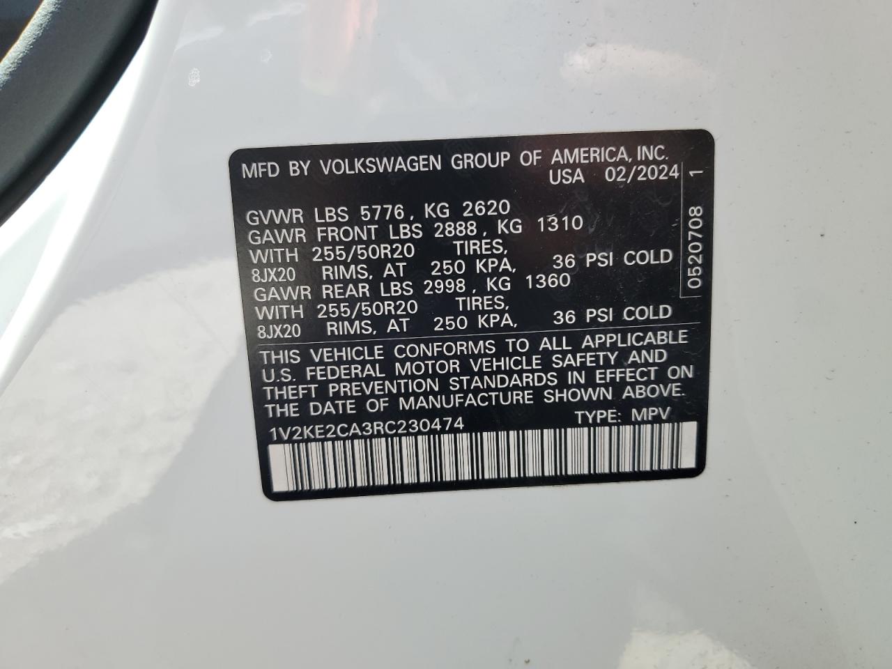 1v2ke2ca3rc230474 1V2KE2CA3RC230474 2024 Volkswagen Atlas Cross Sport Se