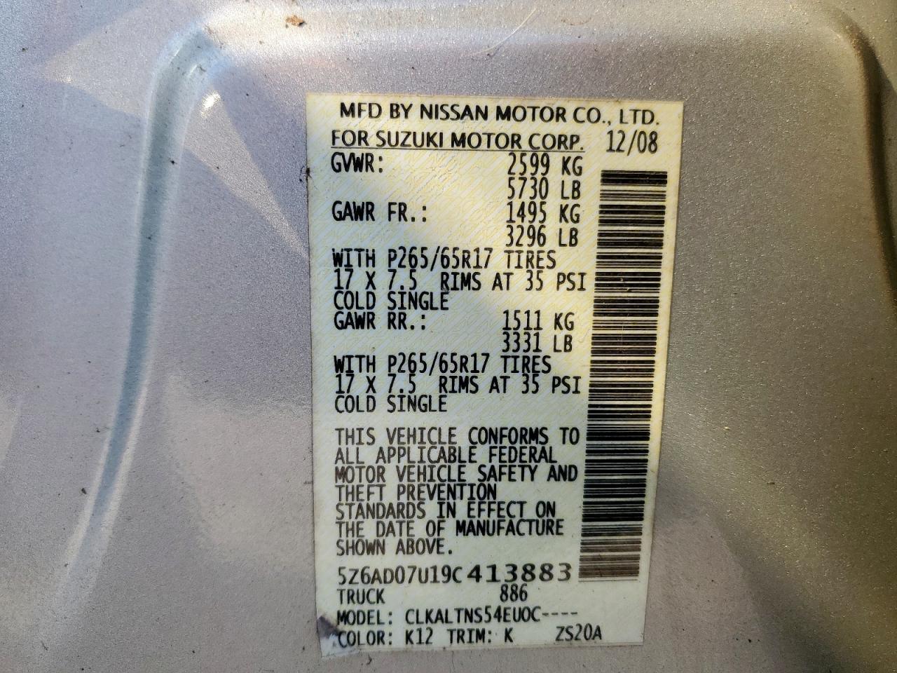 2009 Suzuki Equator Base VIN: 5Z6AD07U19C413883 Lot: 59415765