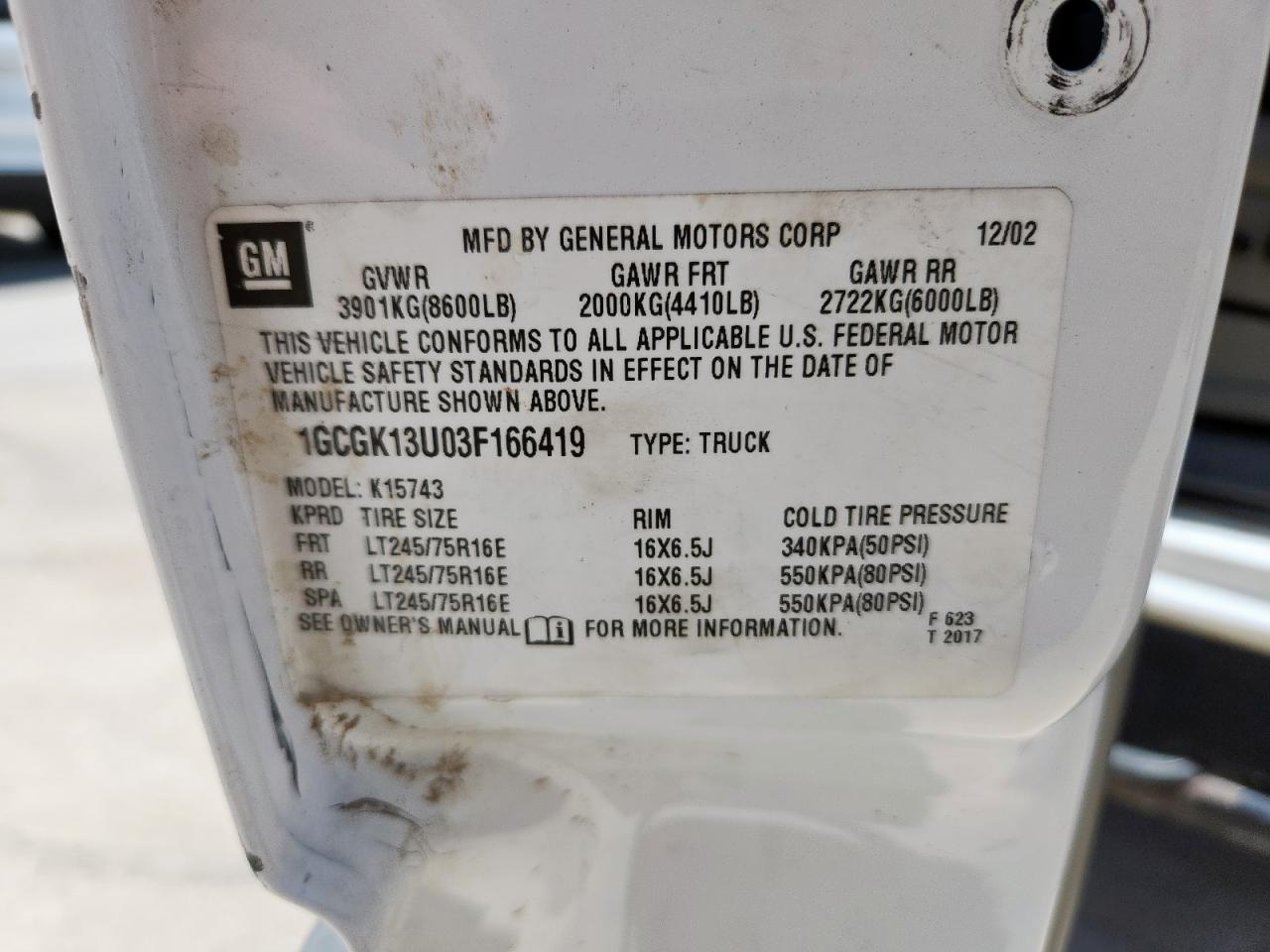 2003 Chevrolet Silverado K1500 Heavy Duty VIN: 1GCGK13U03F166419 Lot: 61779355