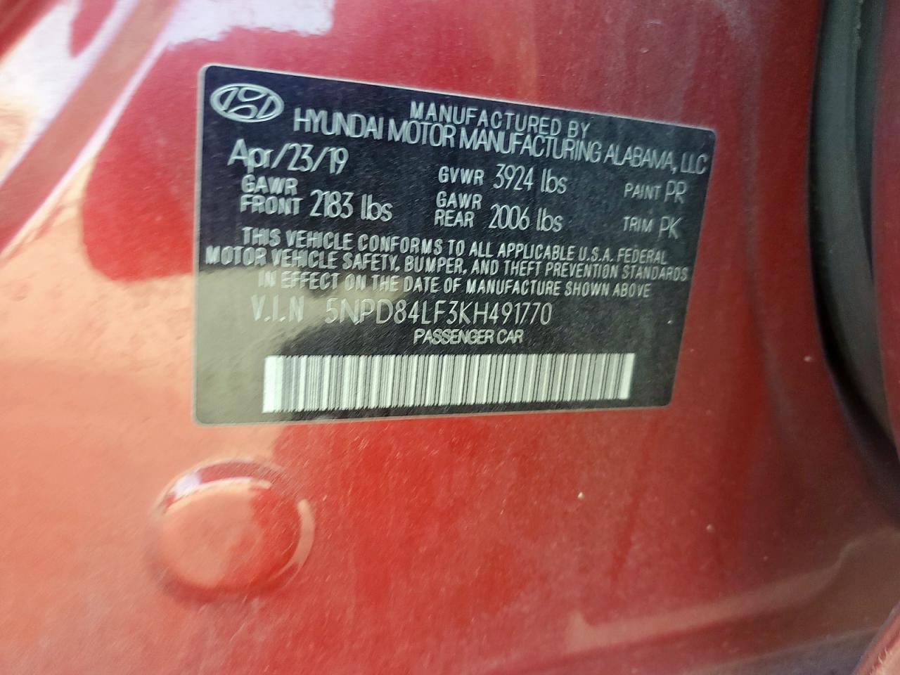 2019 Hyundai Elantra Sel VIN: 5NPD84LF3KH491770 Lot: 61216565