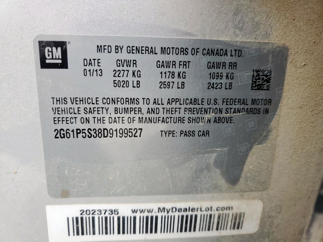 2013 Cadillac Xts Luxury Collection VIN: 2G61P5S38D9199527 Lot: 56157915