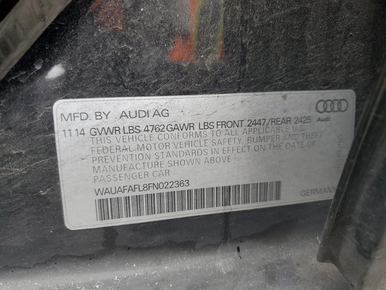 2015 Audi A4 Premium VIN: WAUAFAFL8FN022363 Lot: 62901445
