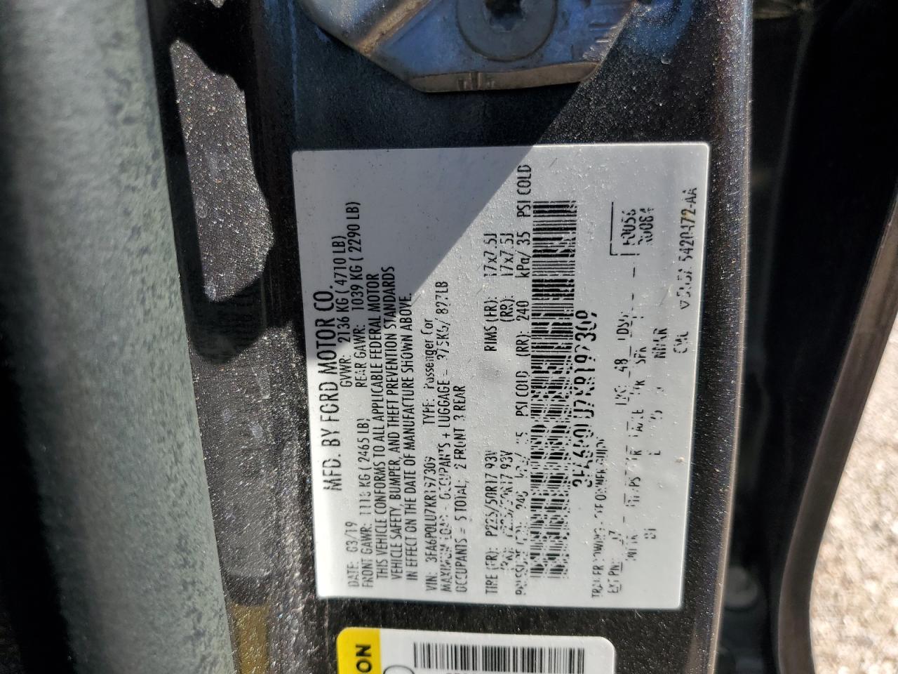 3FA6P0LU7KR197309 FORD FUSION 2019
