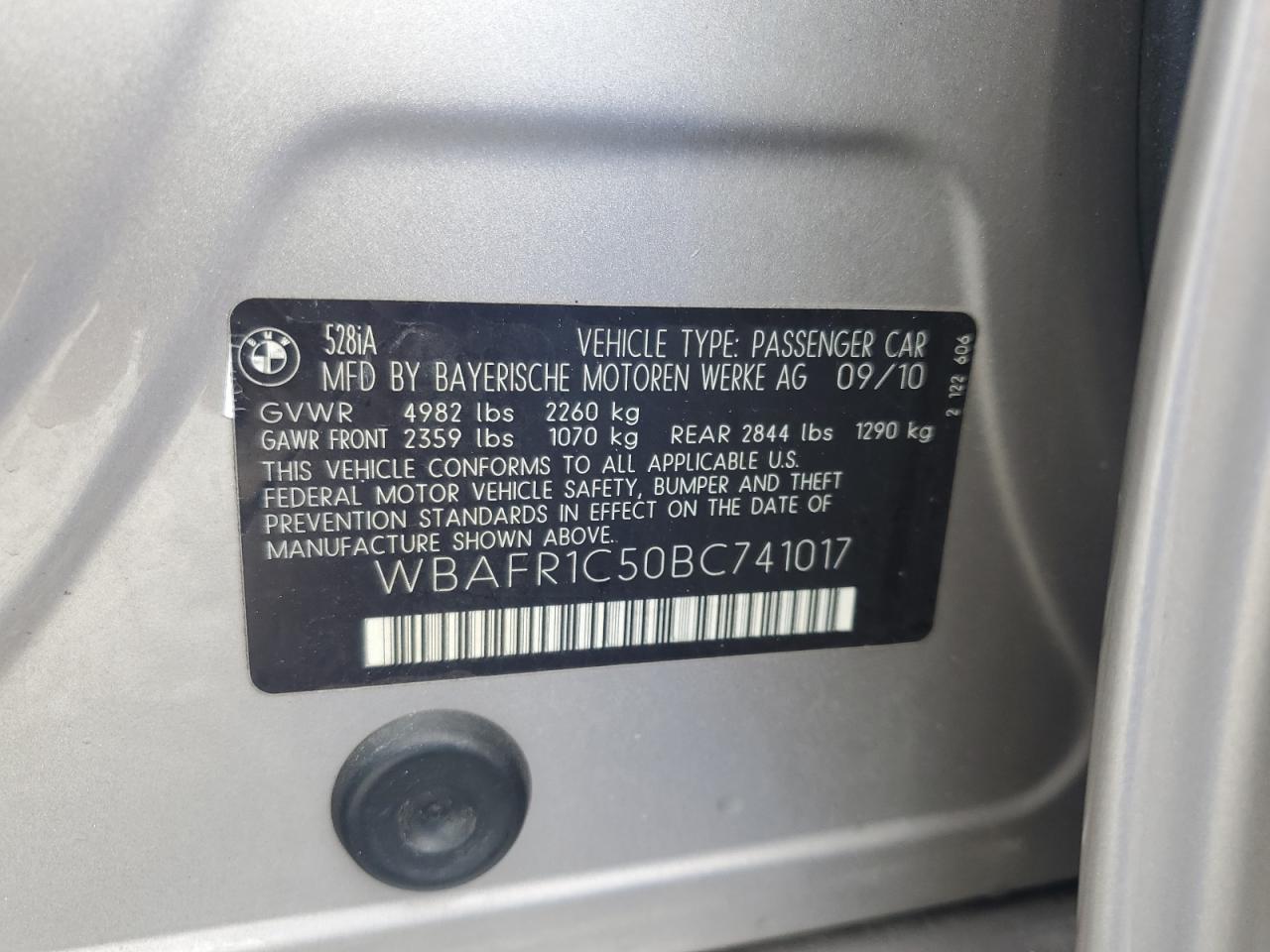 2011 BMW 528 I VIN: WBAFR1C50BC741017 Lot: 62715535