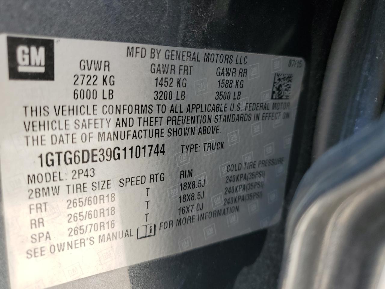 2016 GMC Canyon Slt VIN: 1GTG6DE39G1101744 Lot: 60608825