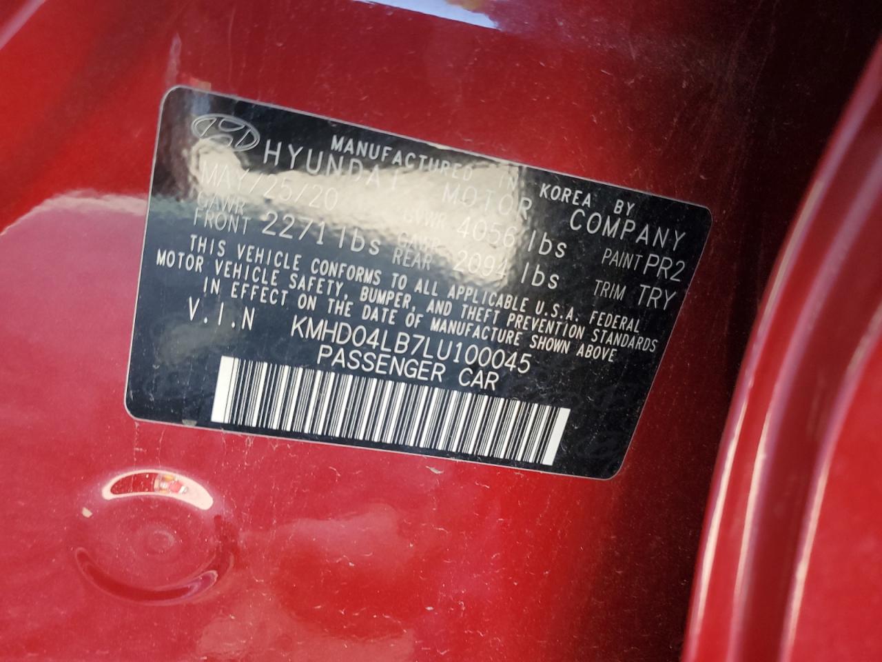 HYUNDAI ELANTRA 2020 VIN KMHD04LB7LU100045 zdjęcie 13