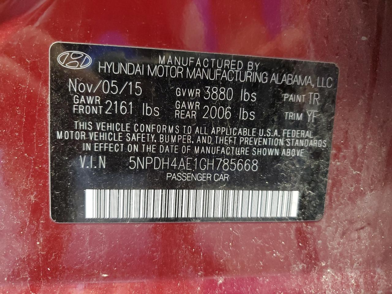 2016 Hyundai Elantra Se VIN: 5NPDH4AE1GH785668 Lot: 63112955