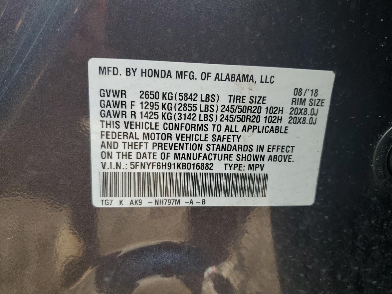 5FNYF6H91KB016882 HONDA PILOT 2019