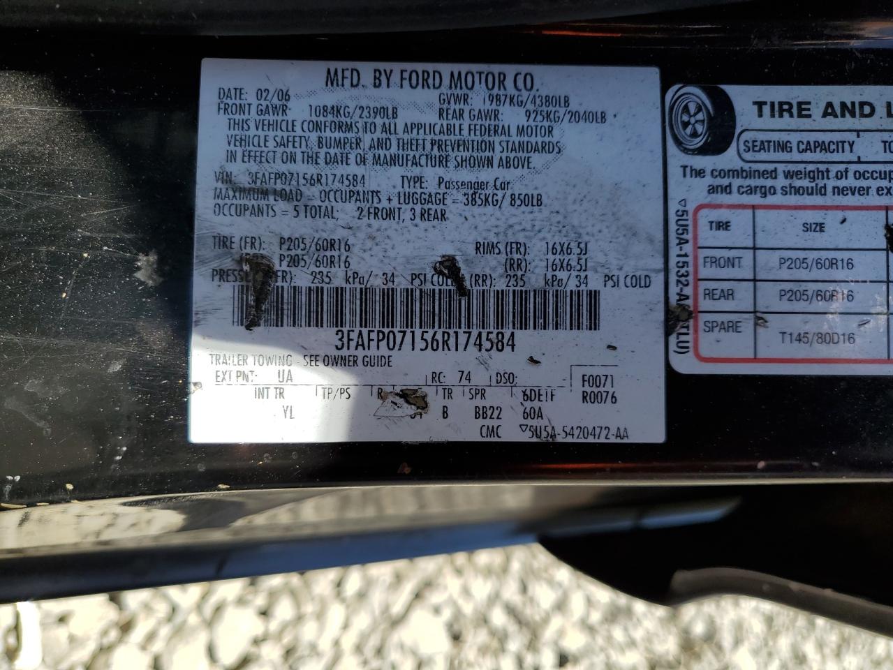 2006 Ford Fusion Se VIN: 3FAFP07156R174584 Lot: 60071435