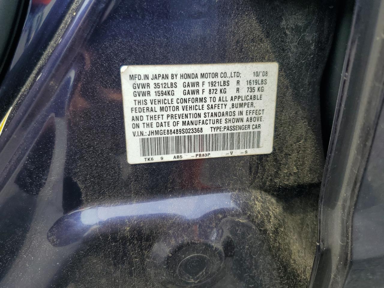 2009 Honda Fit Sport VIN: JHMGE88489S023368 Lot: 59741195