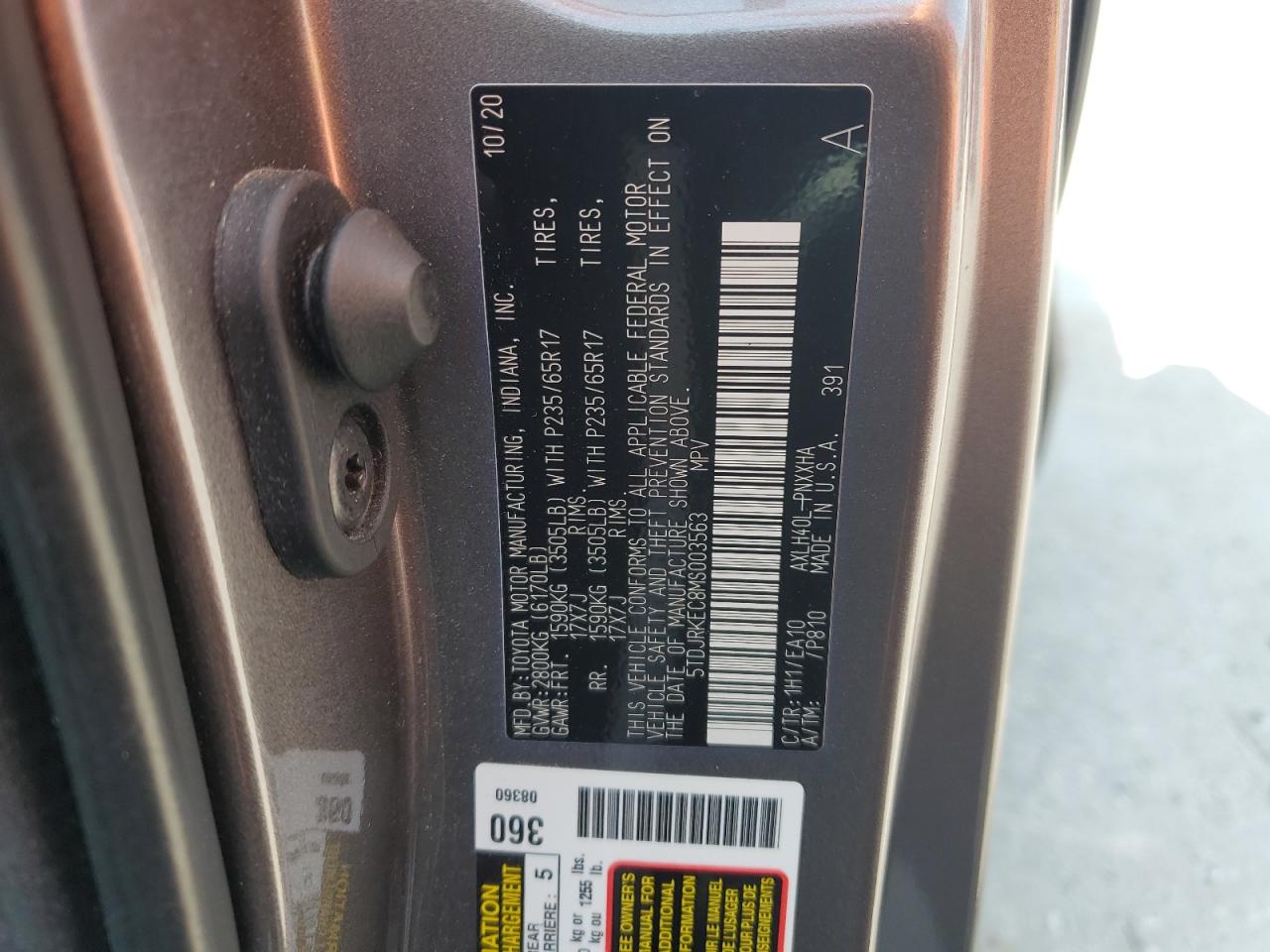 2021 Toyota Sienna Xle VIN: 5TDJRKEC8MS003563 Lot: 63017095