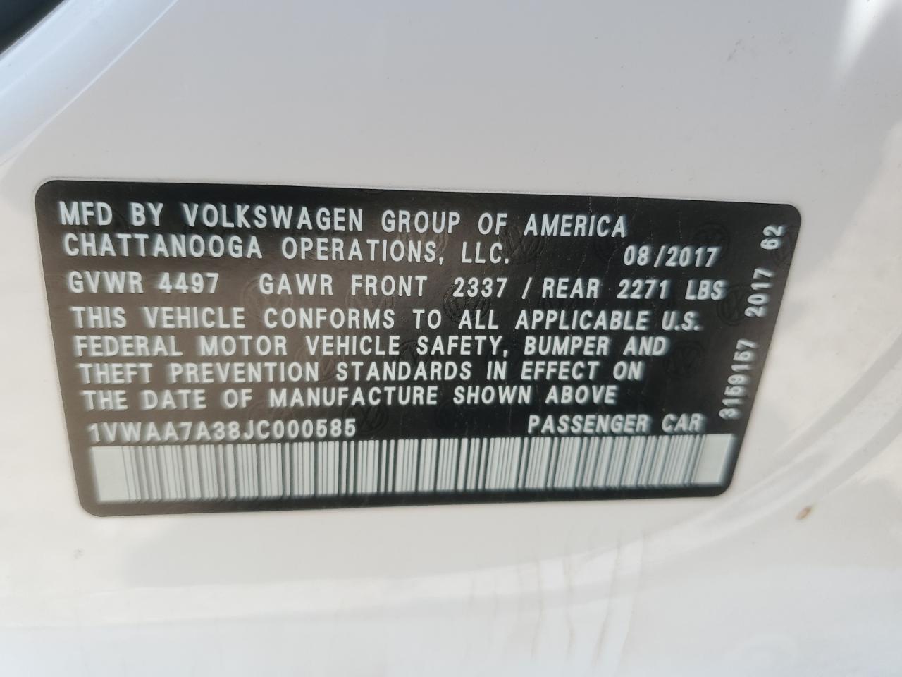 2018 Volkswagen Passat S VIN: 1VWAA7A38JC000585 Lot: 61221485