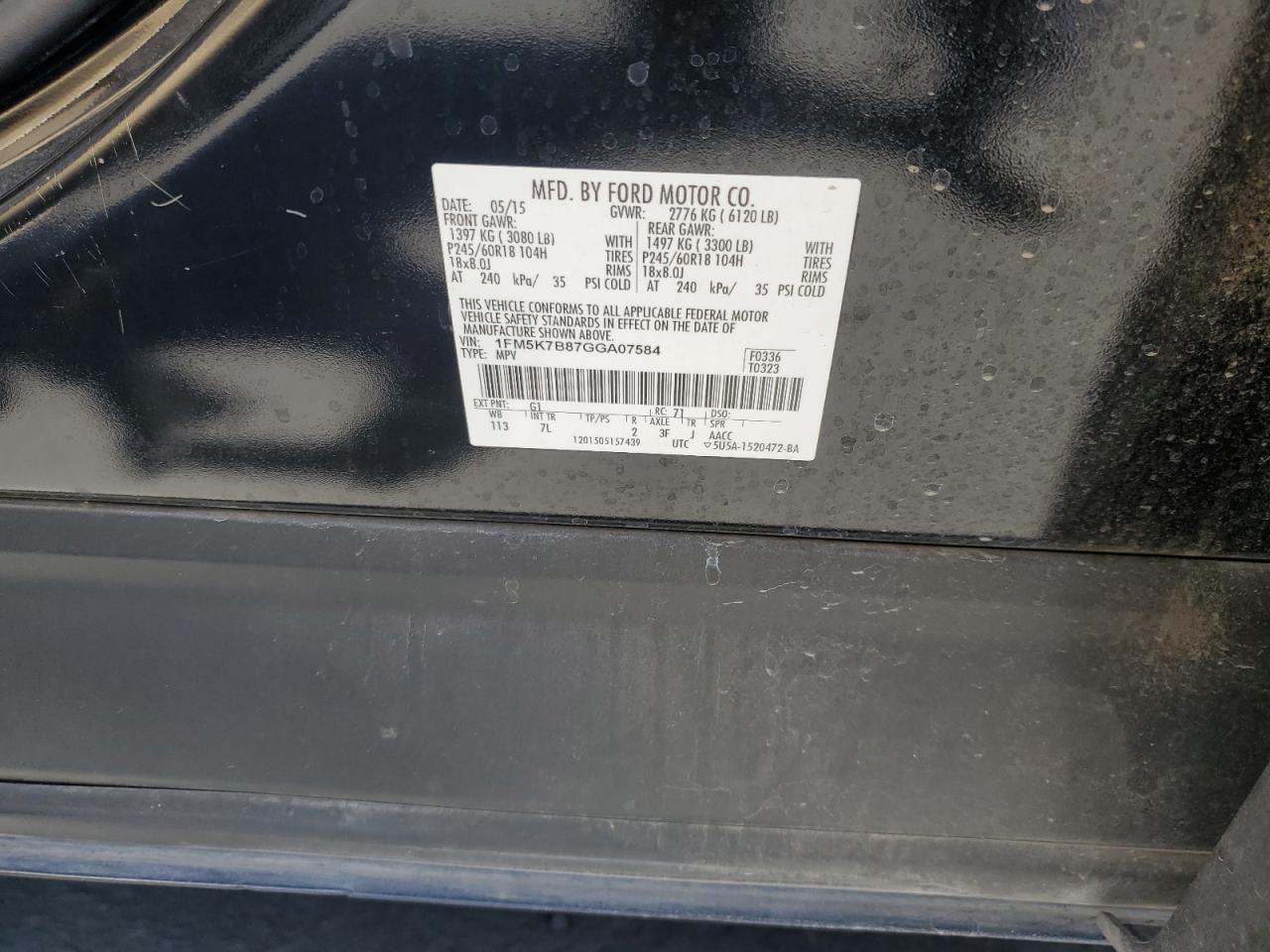 1FM5K7B87GGA07584 FORD EXPLORER 2016
