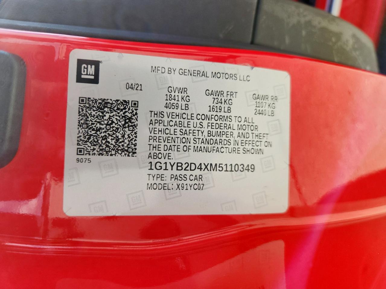 2021 Chevrolet Corvette Stingray 2Lt VIN: 1G1YB2D4XM5110349 Lot: 61839875