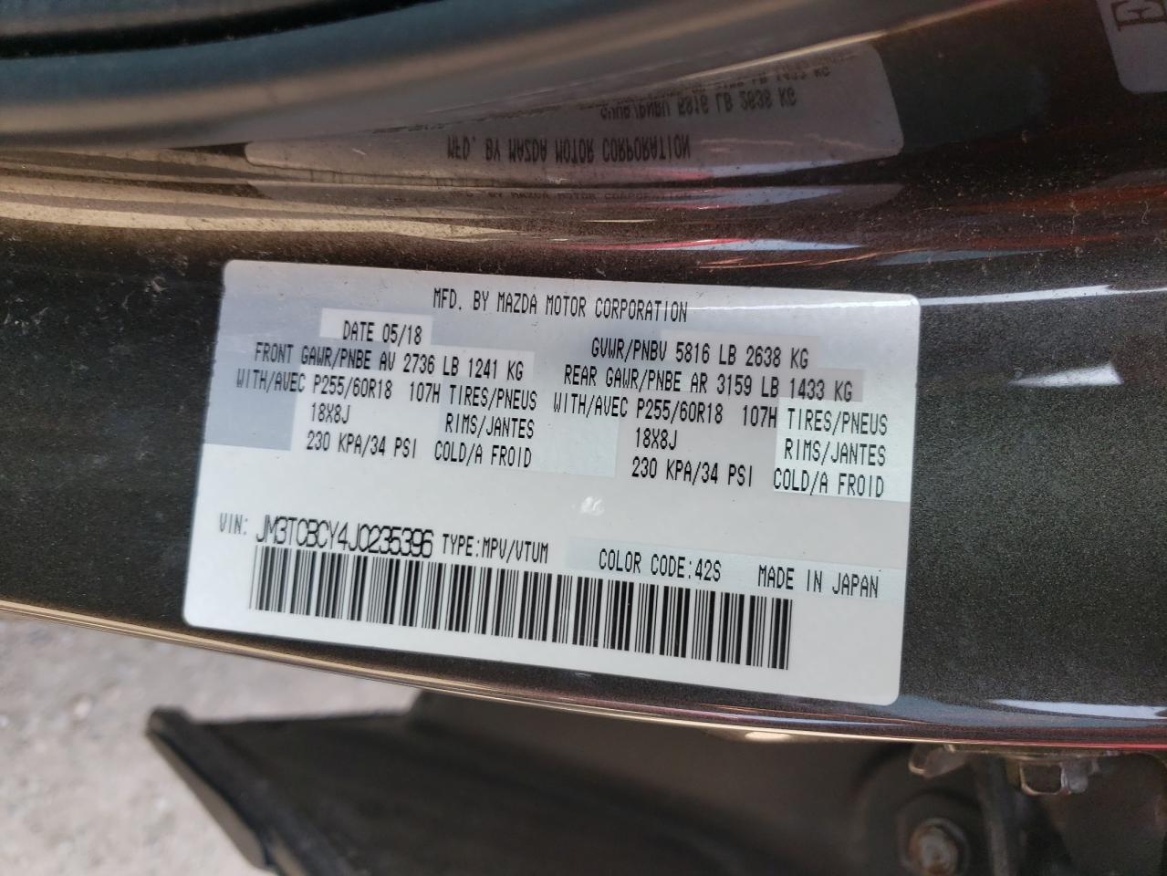 2018 Mazda Cx-9 Touring VIN: JM3TCBCY4J0235396 Lot: 59950055