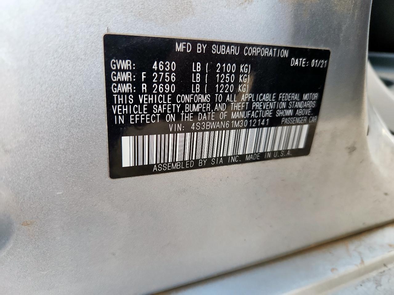 2021 Subaru Legacy Limited VIN: 4S3BWAN61M3012141 Lot: 62176215