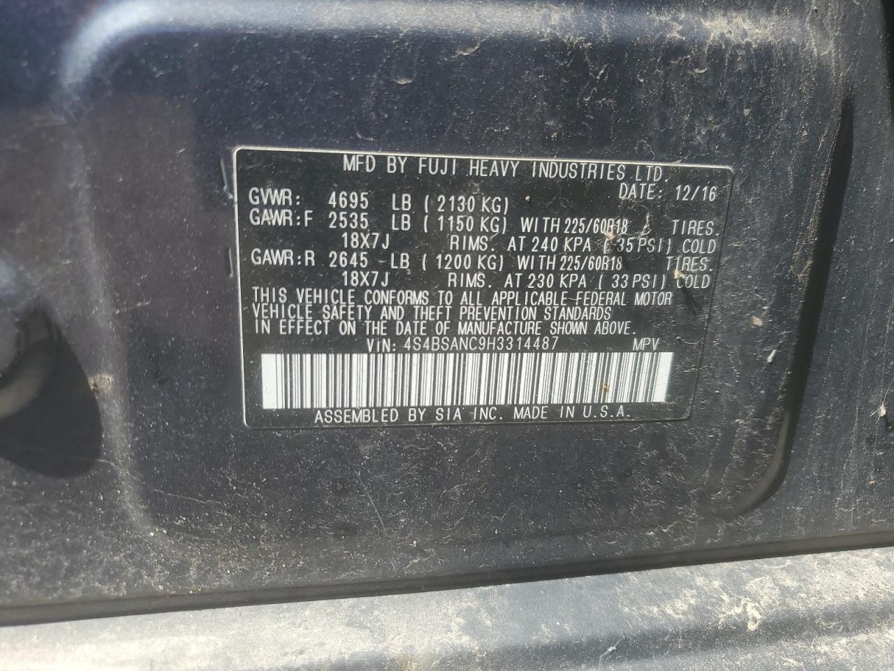 SUBARU OUTBACK 2017 VIN 4S4BSANC9H3314487 фото 13