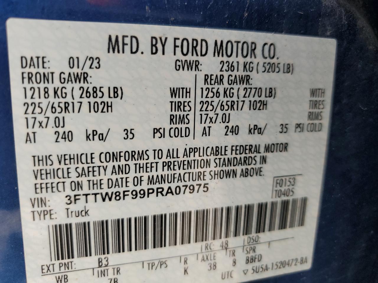 2023 Ford Maverick Xl VIN: 3FTTW8F99PRA07975 Lot: 62668435