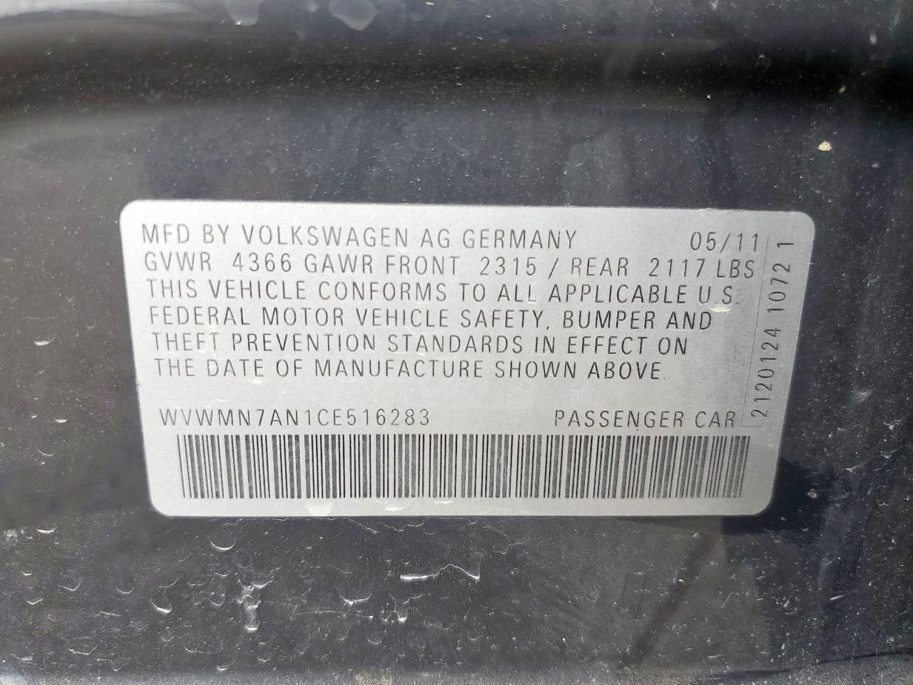 2012 Volkswagen Cc Sport VIN: WVWMN7AN1CE516283 Lot: 60562985