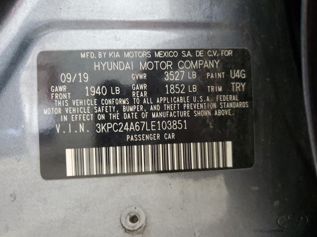 2020 Hyundai Accent Se VIN: 3KPC24A67LE103851 Lot: 59375225