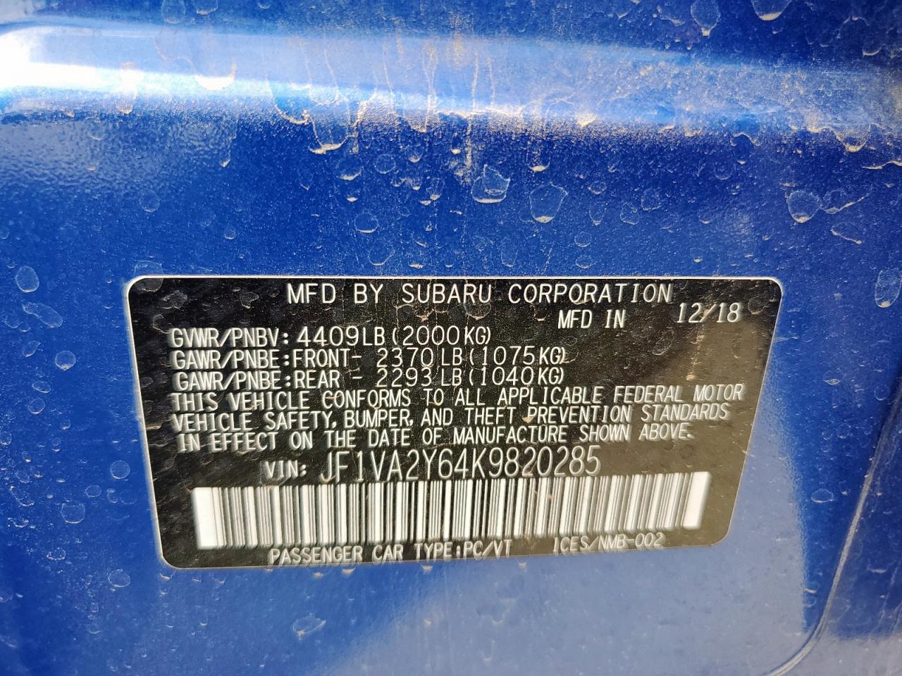 2019 Subaru Wrx Sti Limited VIN: JF1VA2Y64K9820285 Lot: 59686235