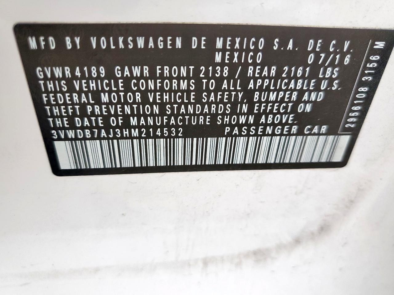 2017 Volkswagen Jetta Se VIN: 3VWDB7AJ3HM214532 Lot: 60457675