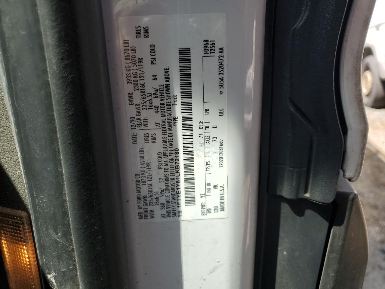 1FTYE1Y81LKB72180 FORD TRANSIT 2020