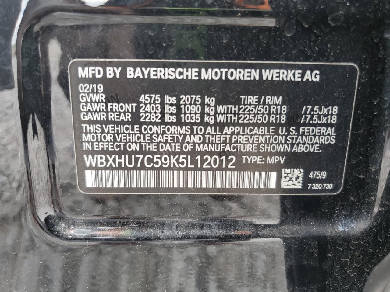 2019 BMW X1 Sdrive28I VIN: WBXHU7C59K5L12012 Lot: 63008845