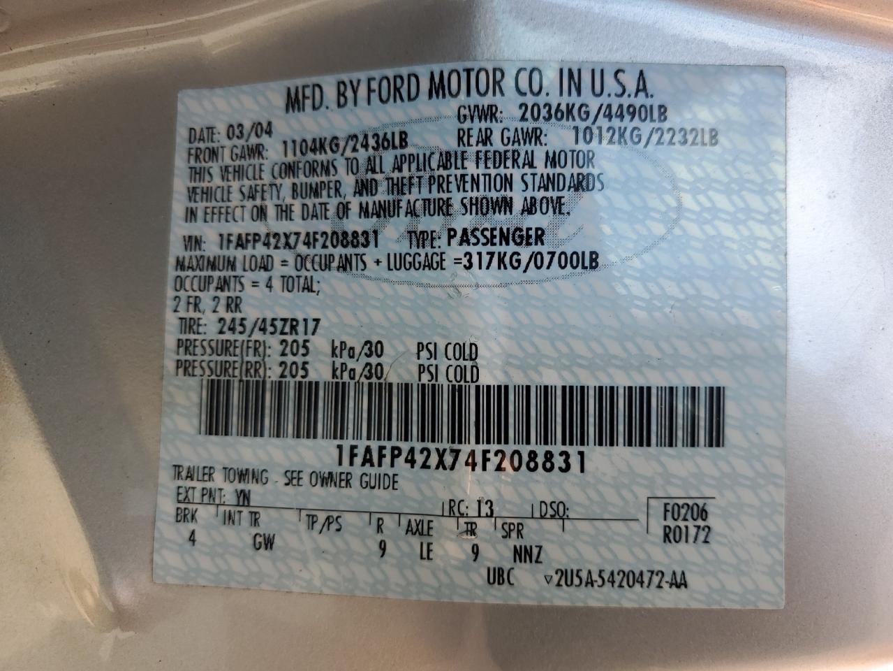 2004 Ford Mustang Gt VIN: 1FAFP42X74F208831 Lot: 62903735