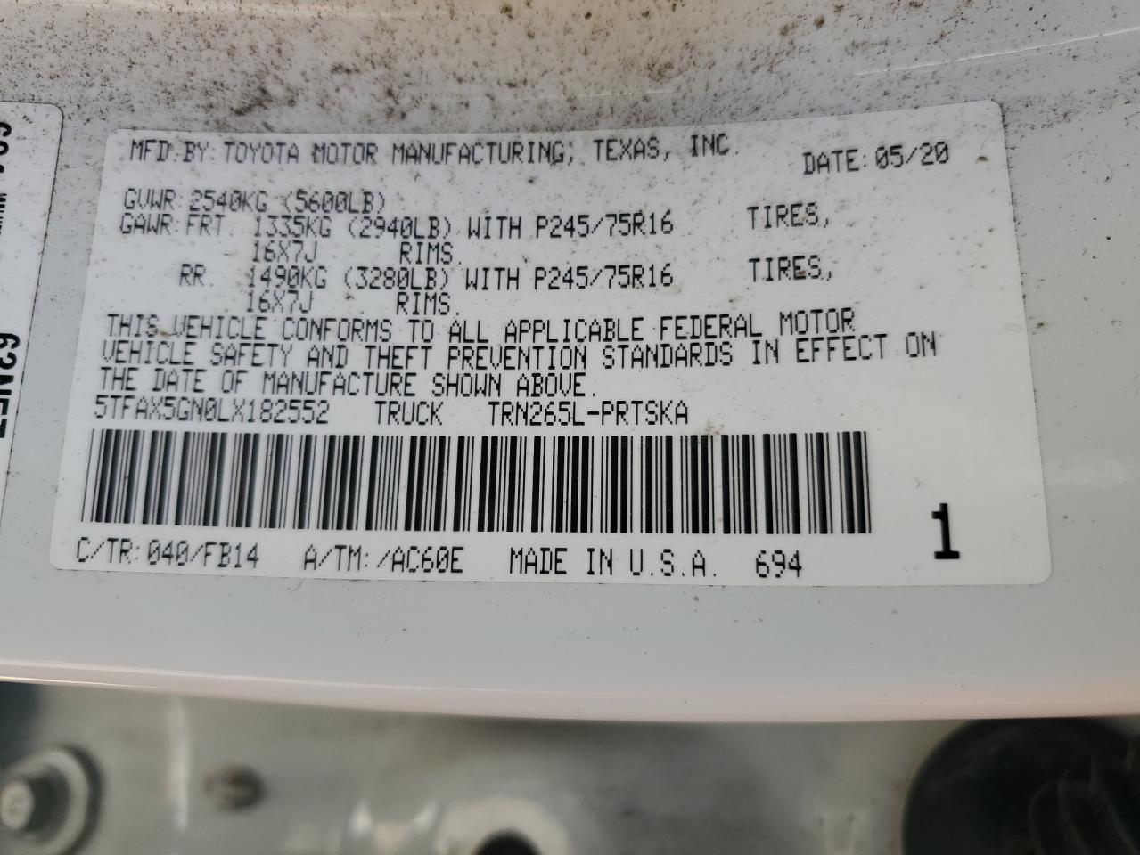 2020 Toyota Tacoma Double Cab VIN: 5TFAX5GN0LX182552 Lot: 61594625