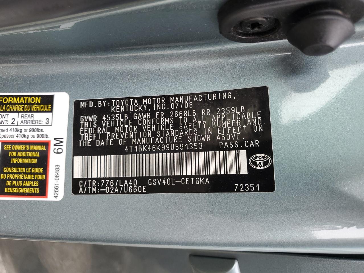 2009 Toyota Camry Se VIN: 4T1BK46K99U591353 Lot: 61646425