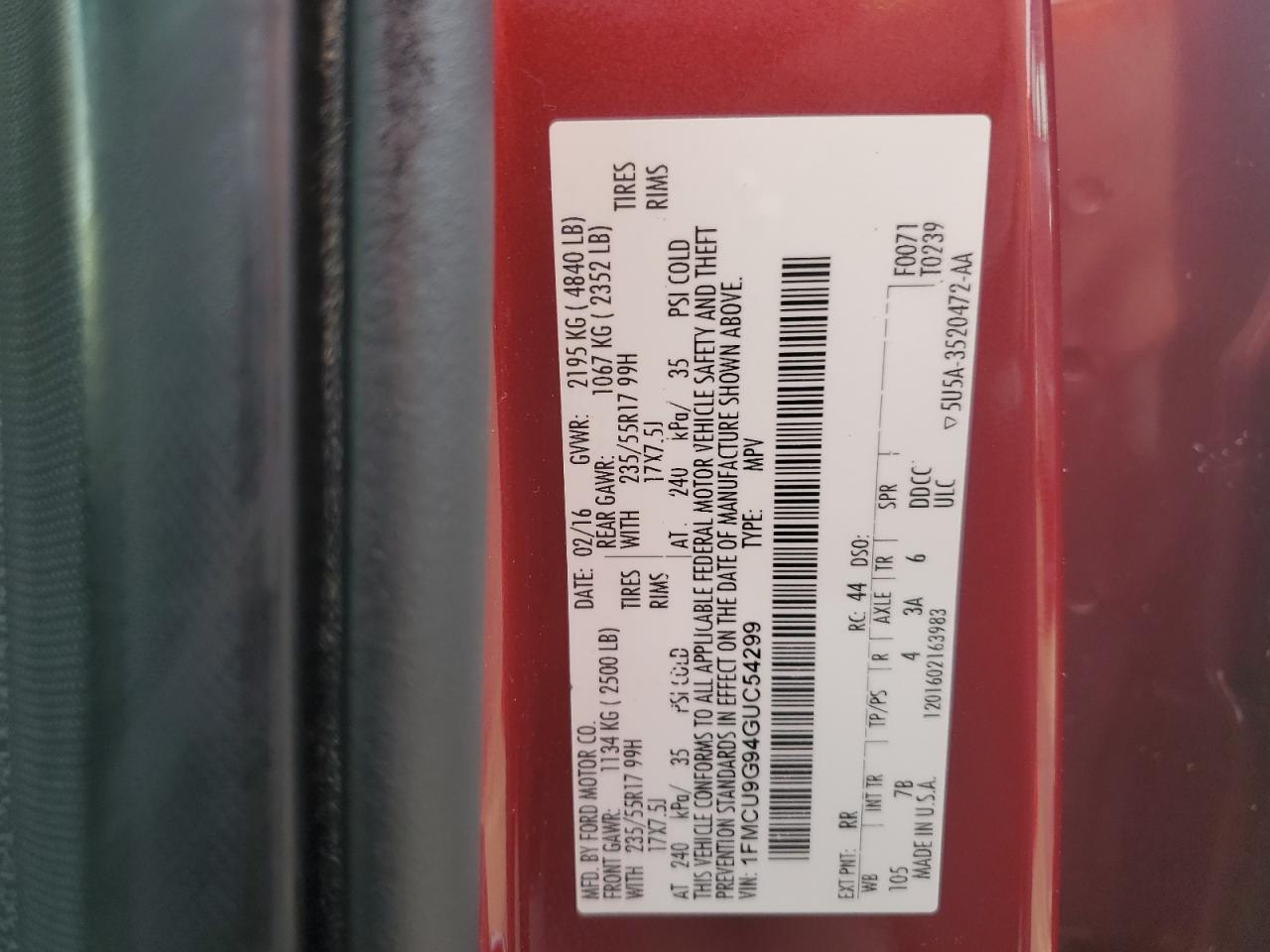 FORD ESCAPE 2016 VIN 1FMCU9G94GUC54299 photo 13