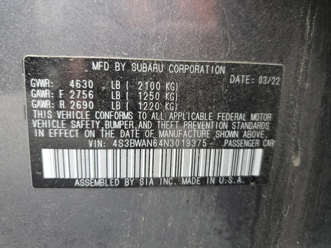 2022 Subaru Legacy Limited VIN: 4S3BWAN64N3019375 Lot: 61339885