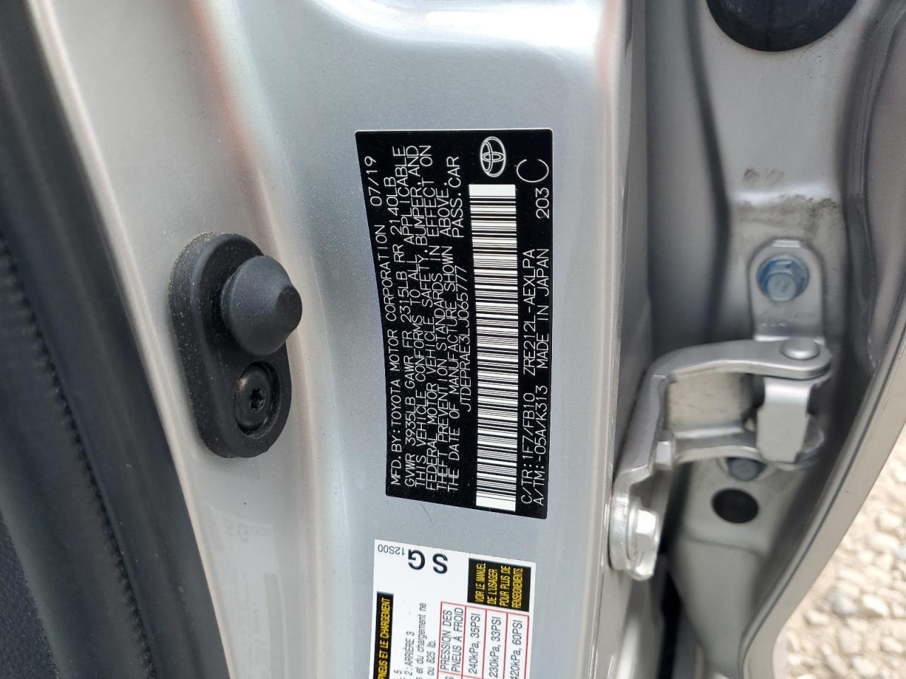 JTDEPRAE3LJ065777 TOYOTA COROLLA 2020