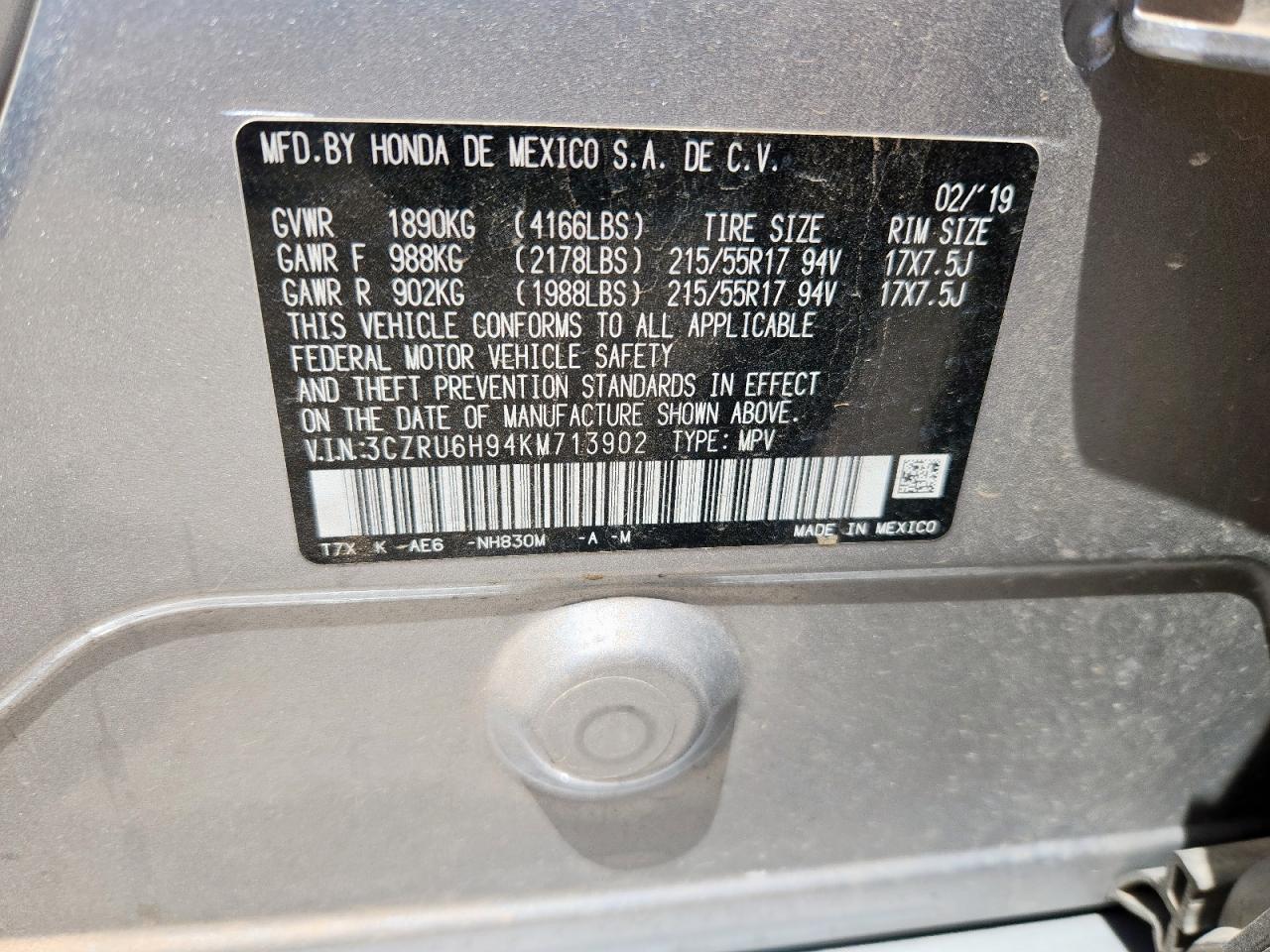 2019 Honda Hr-V Touring VIN: 3CZRU6H94KM713902 Lot: 61293365