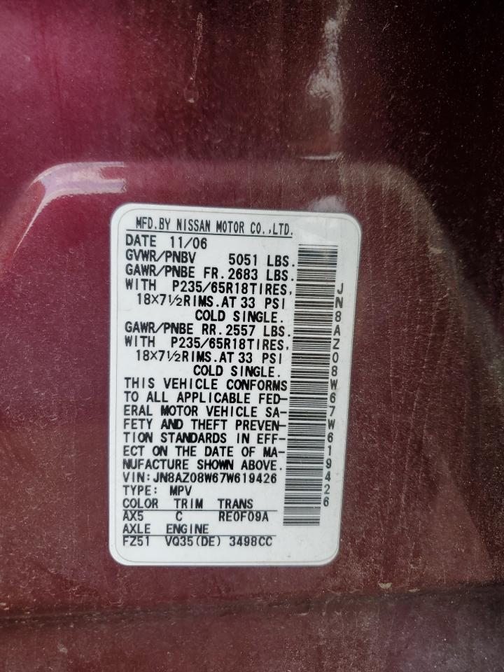 2007 Nissan Murano Sl VIN: JN8AZ08W67W619426 Lot: 63121065